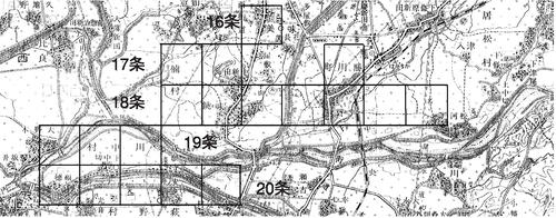 図1　水野案（『条里制の歴史地理学的研究』の比定図を「明治24年測図に鉄道補入　大日本帝国陸地測量部」の地図に重ねた。以下の案も同じ。）