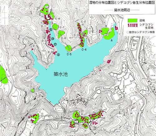 湿地の分布位置図とシデコブシ自生分布位置図