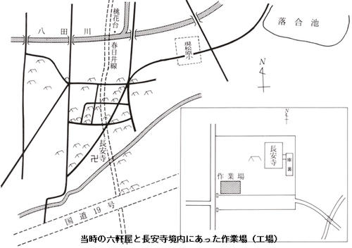当時の六軒屋と長安寺境内にあった工場