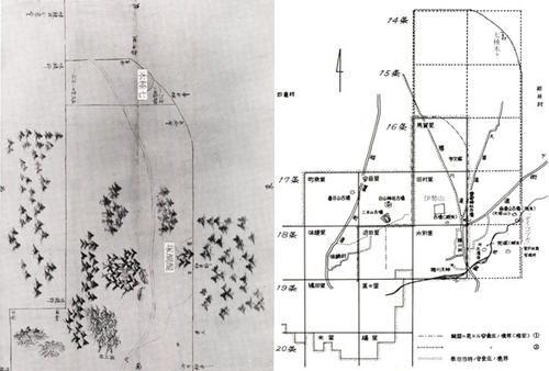 安食庄相論絵図の現在地比定に関する図と安食庄の古絵図