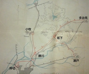 写真3 大正15年中央電気鉄道予定線図　地名を加筆(名鉄資料館所蔵)