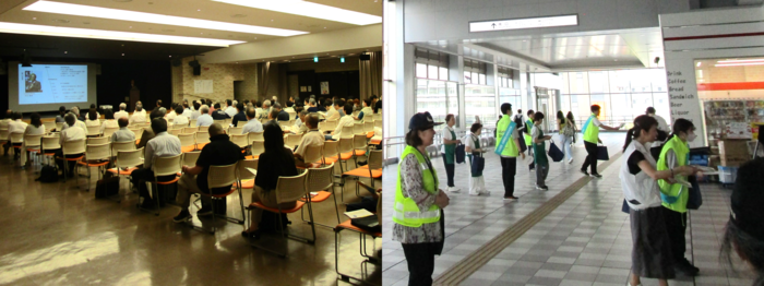 社会を明るくする運動講演会(左)/JR駅前街頭啓発運動(右)